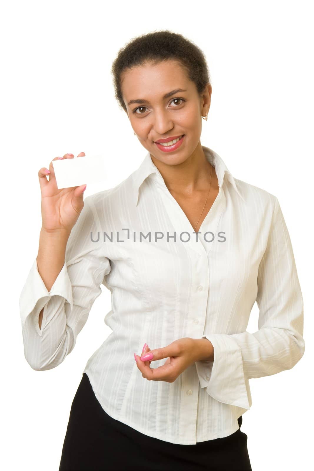 woman holds an empty business card. It is ready to your inscription.