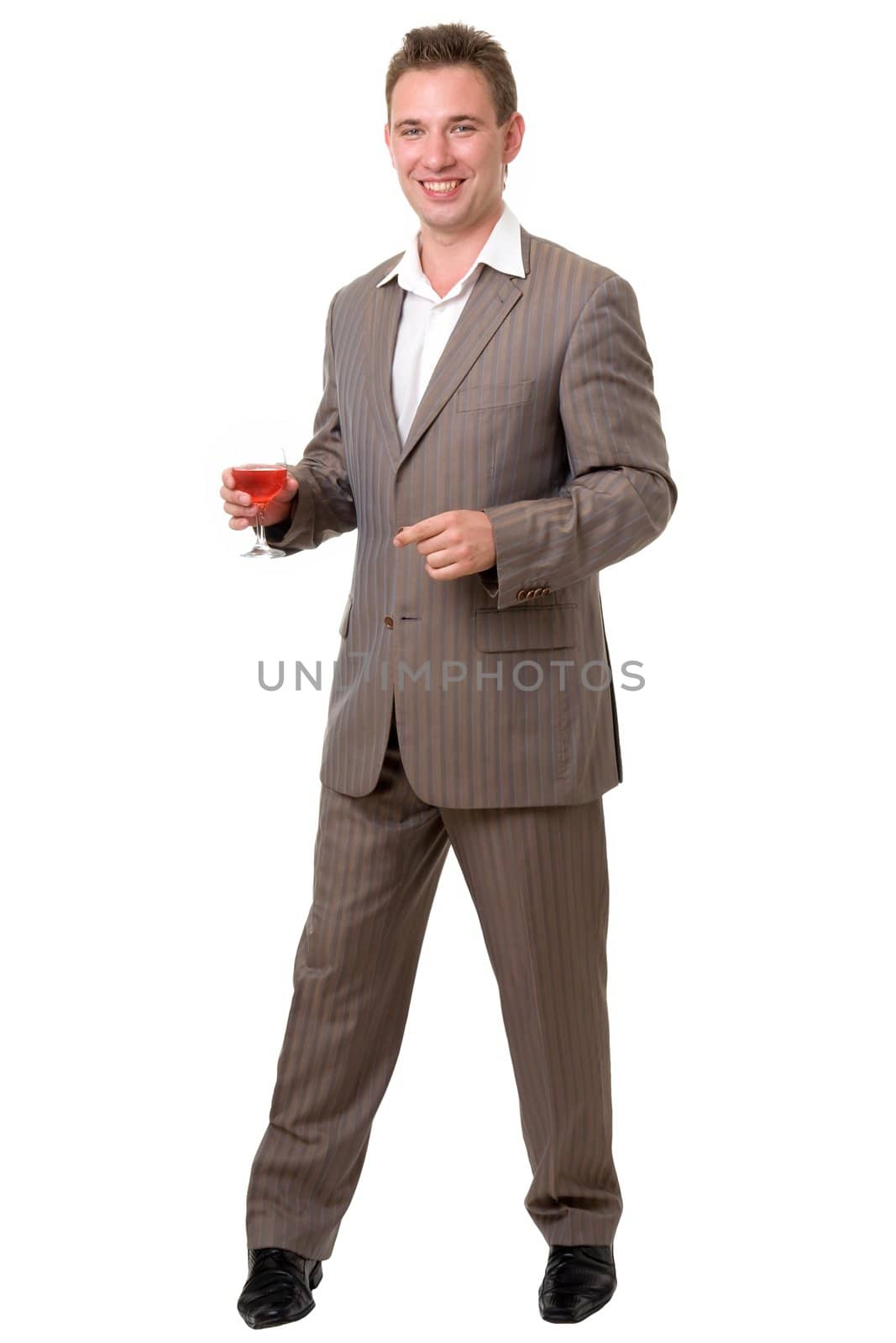 smiling young man standing against isolated white background