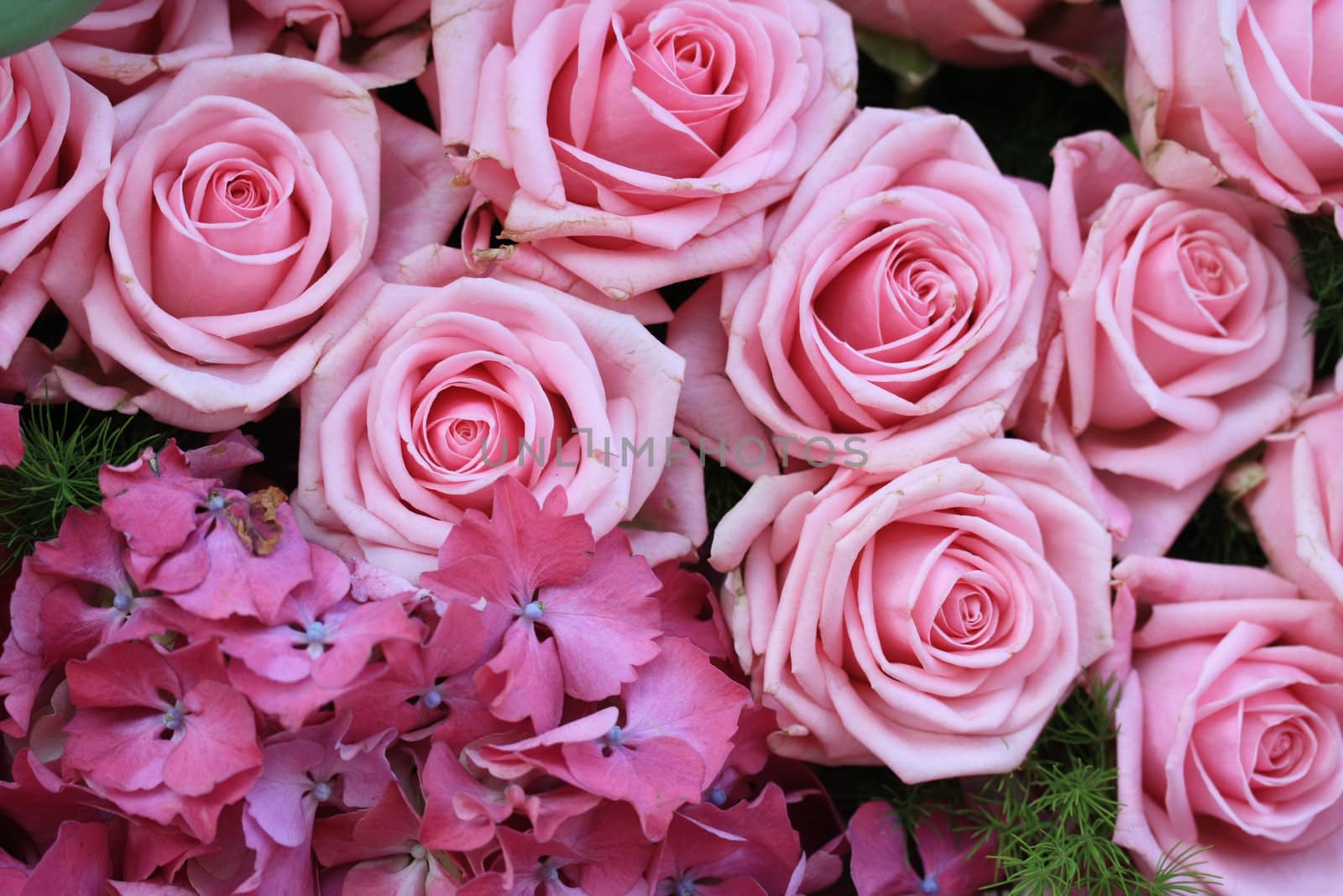 Pink flower arrangement with roses and hydrangea