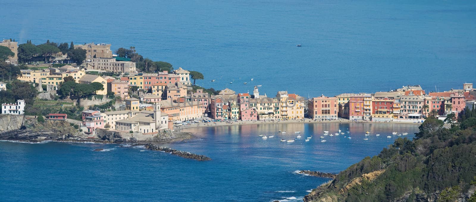 aerial view of Sestri Levante with its characteristic peninsula.