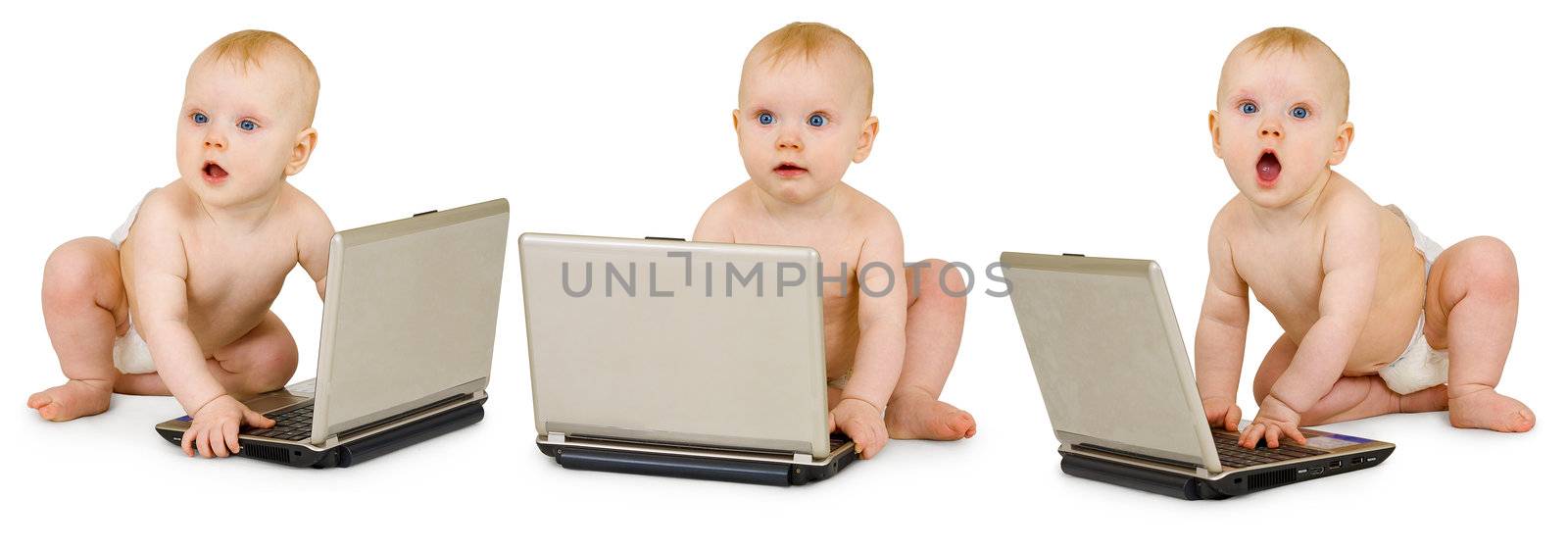 Three baby in diapers with laptops on a white background - collage