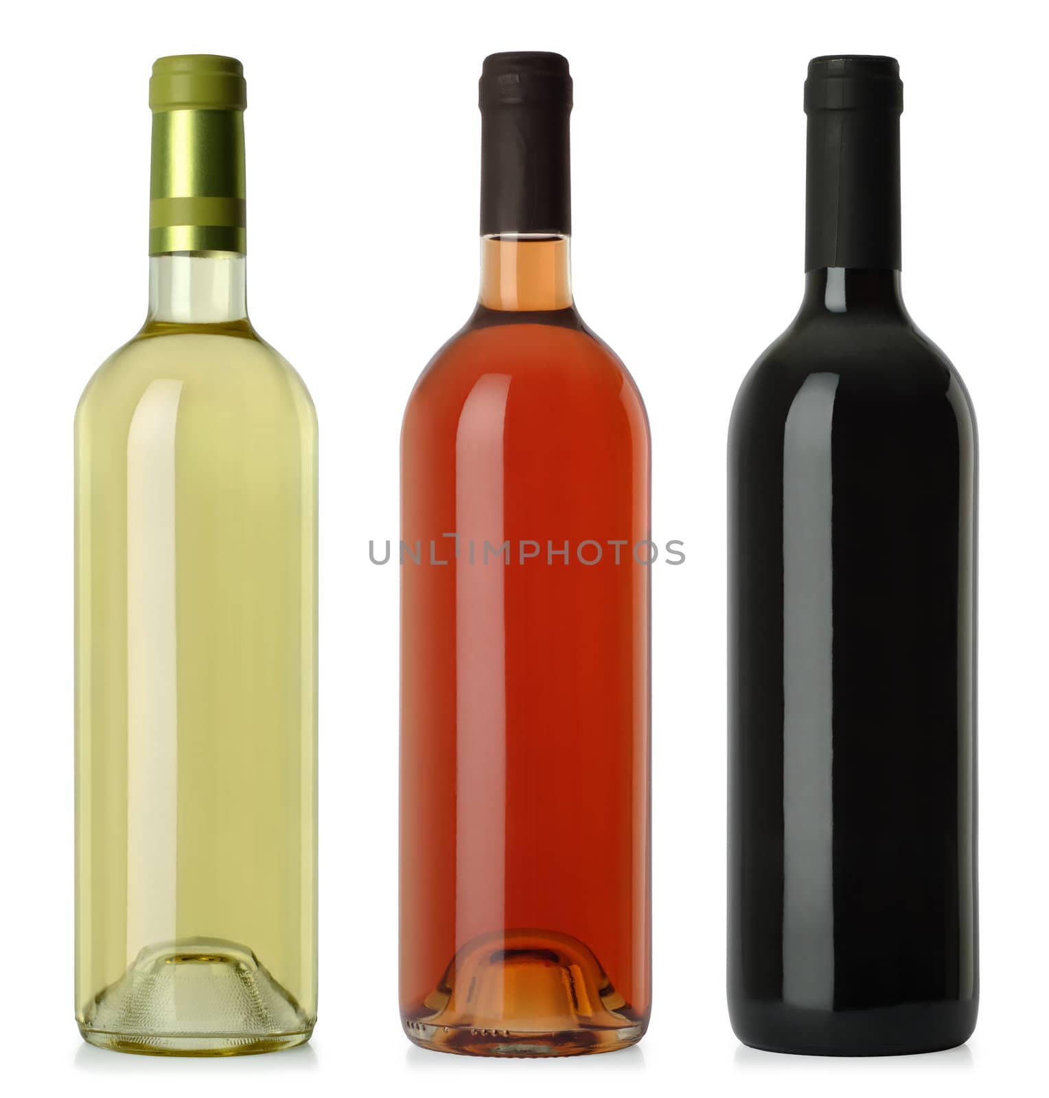 Three merged photographs of white, rose, and red wine bottles.  Separate clipping paths for each bottle included.