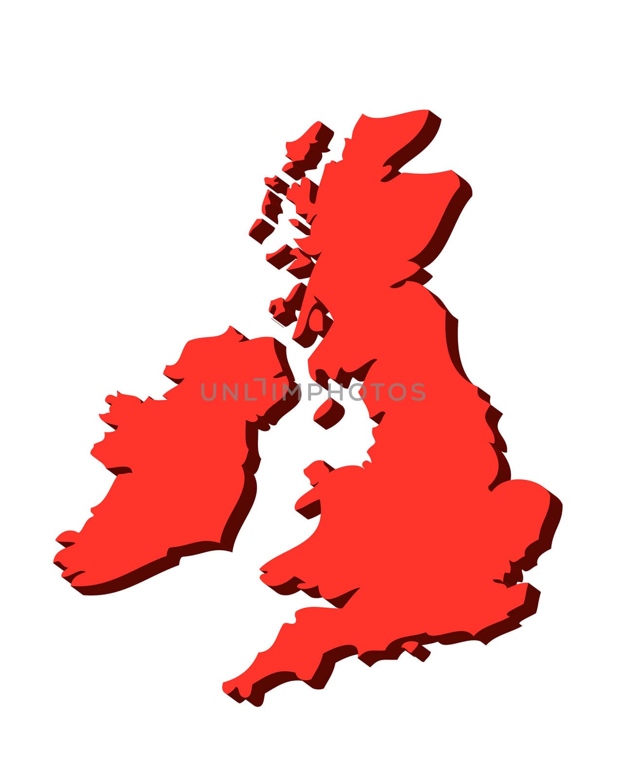 3D outline map of UK and Ireland in red