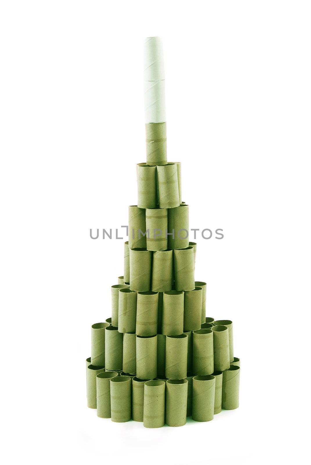 Christmas Tree made with cardboard rolls of toilet paper. Green tones. White background