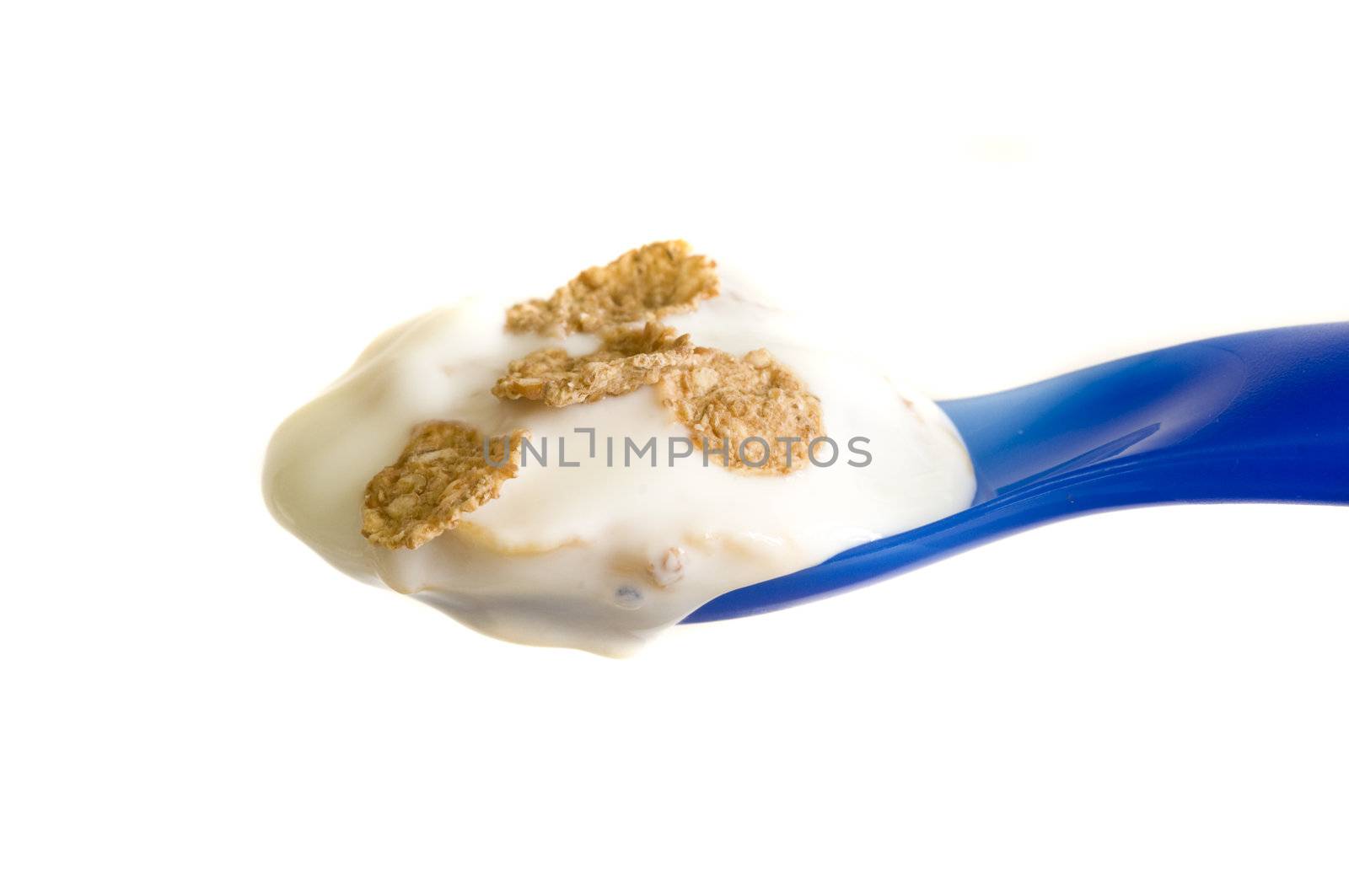closeup on a blue spoon full of yoghurt with cereal