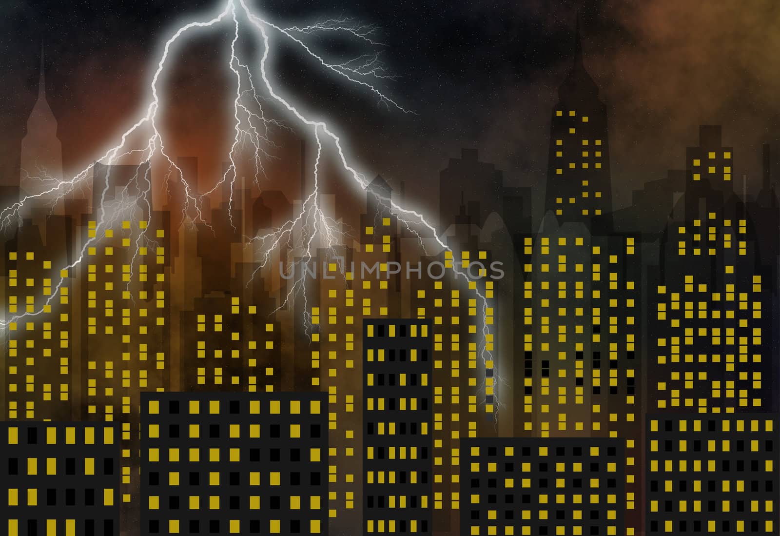 Image of the panorama of modern town - skyscrapers - high-clearance buildings with streaks of lightnings