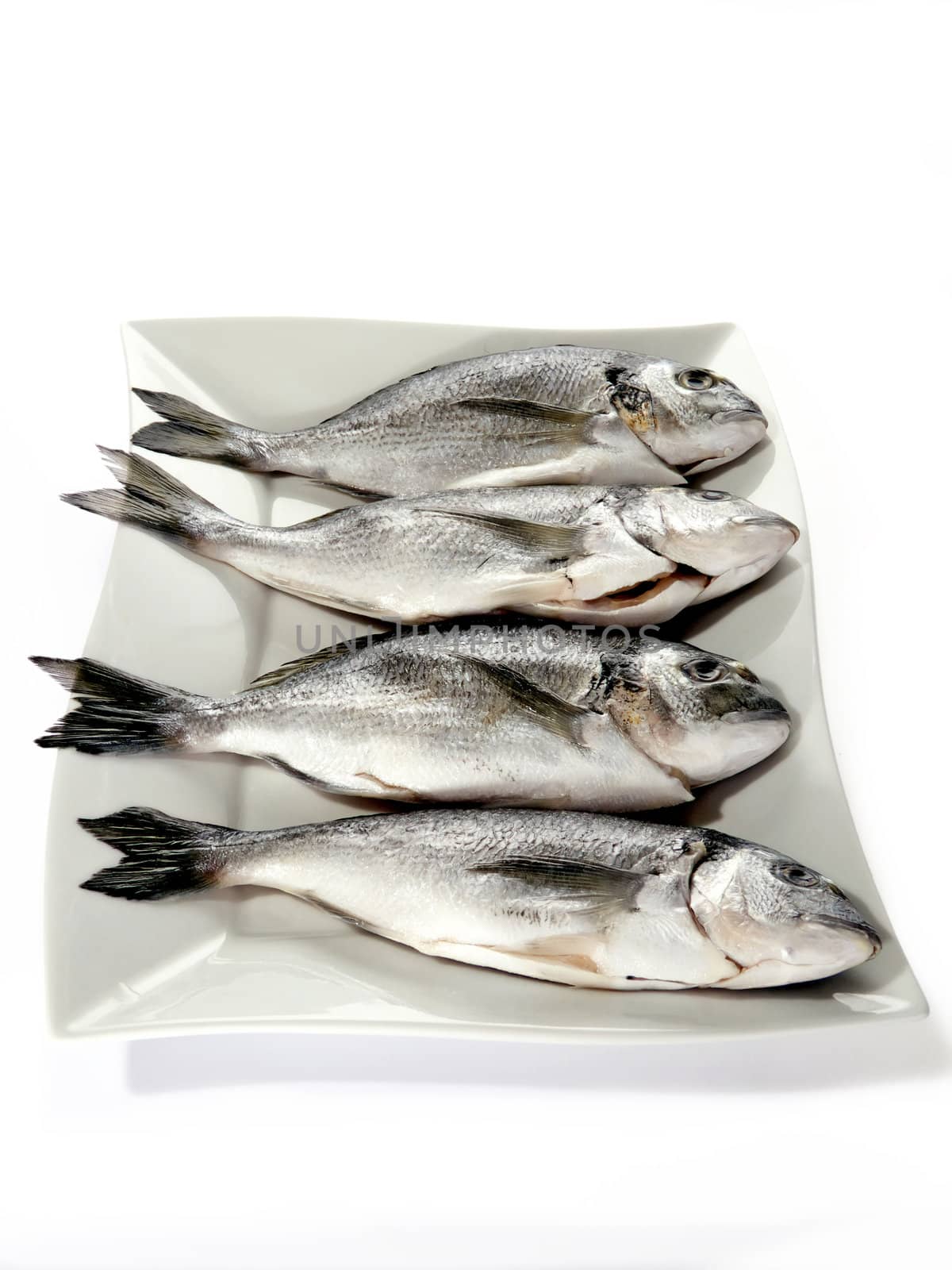 Four porgies with garnish on a white plate
