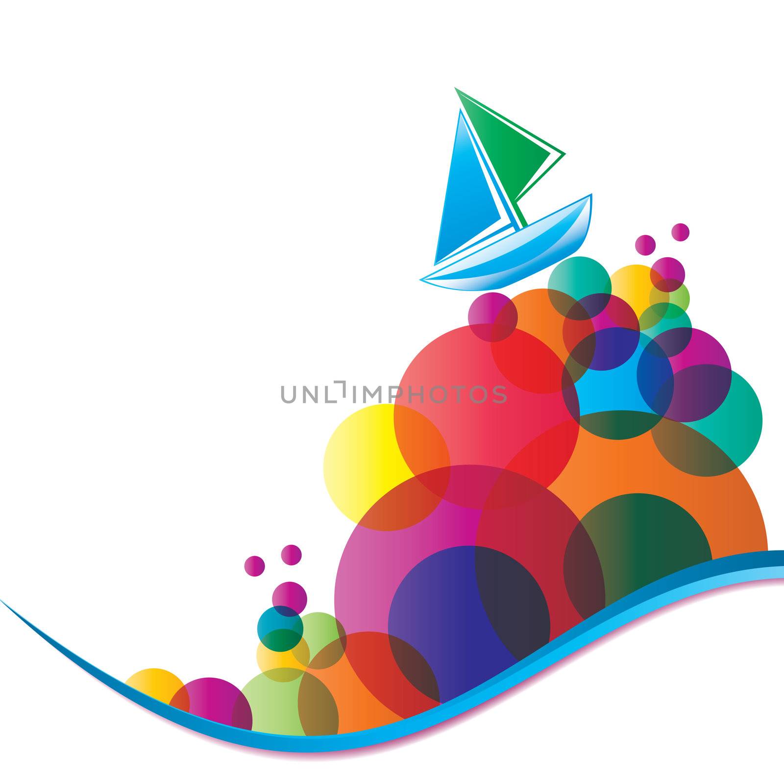 Little ship on multicolor wave, illustration