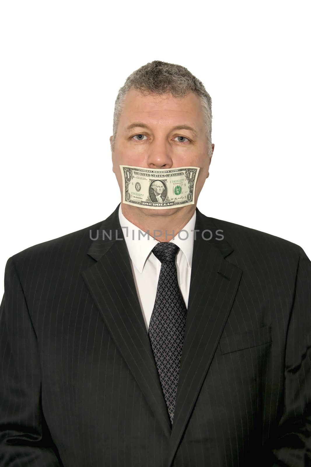 Businessman with a dollar bill over his mouth.
