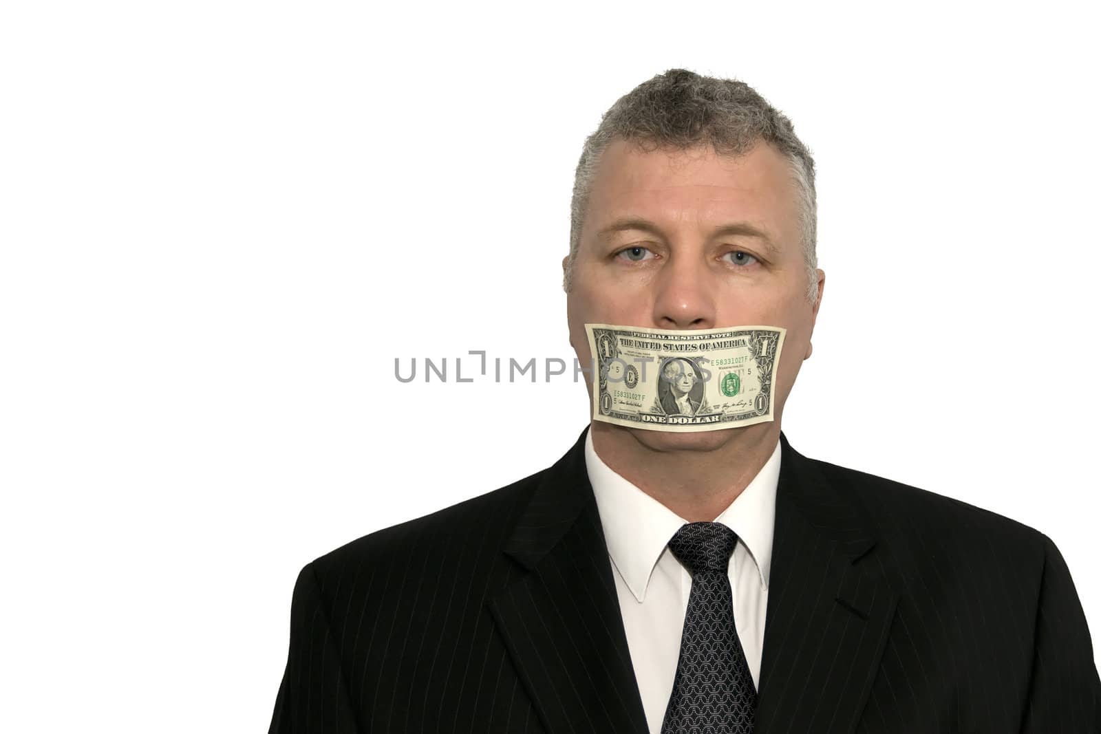 A middle-aged businessman with a dollar bill over his mouth.
