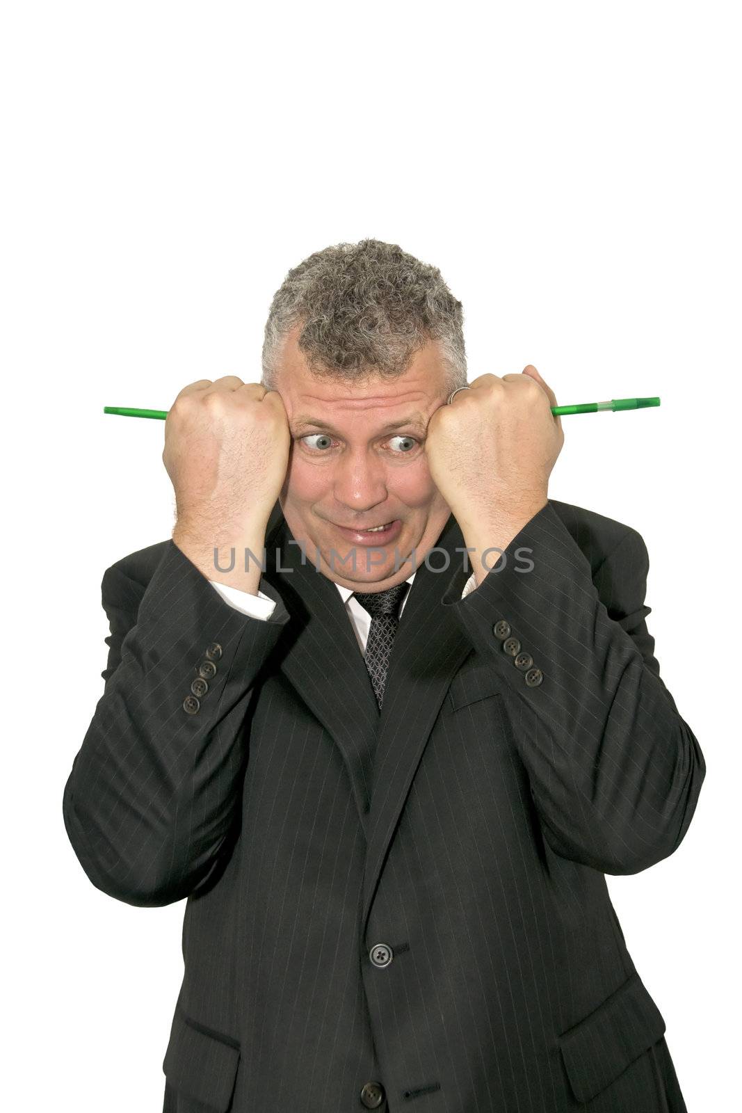 A middle-aged business man with two pens on either side of his head.