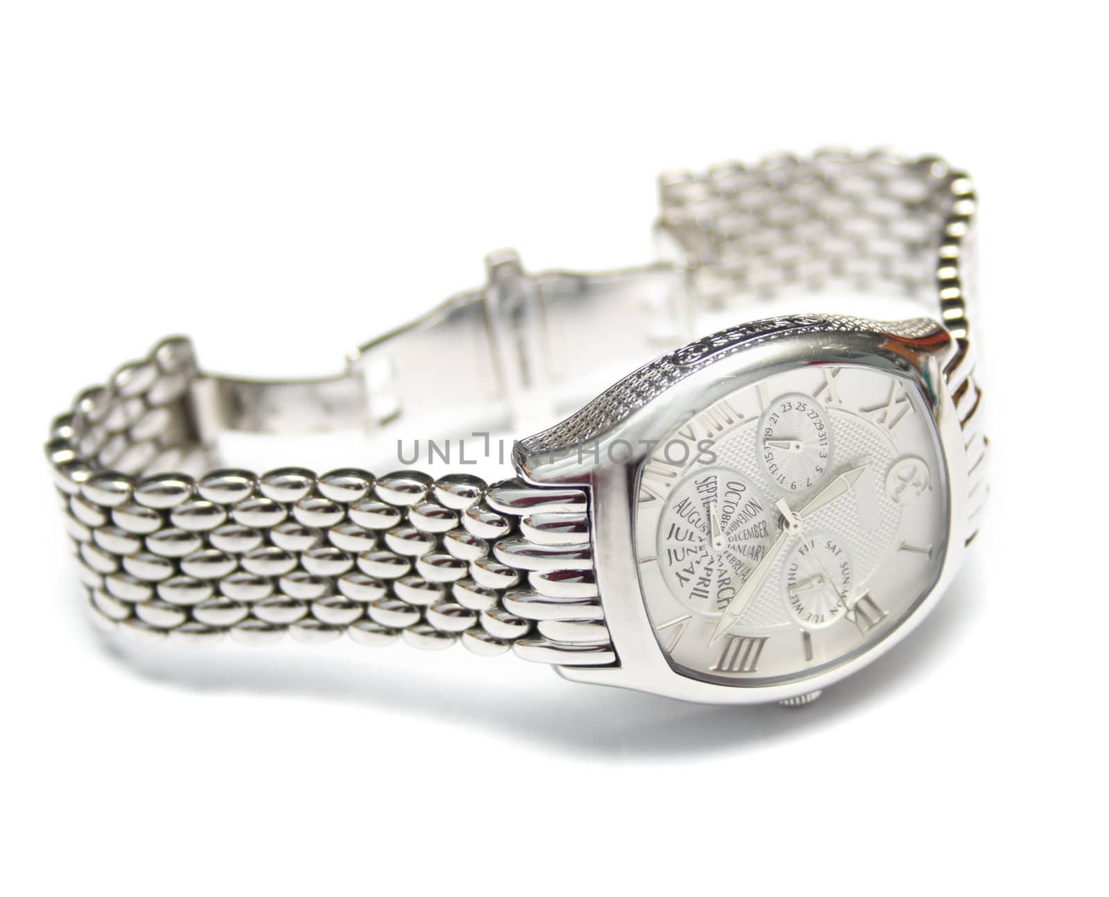 Silver man's watch. Isolation on a white background. Macro. Shallow DOF