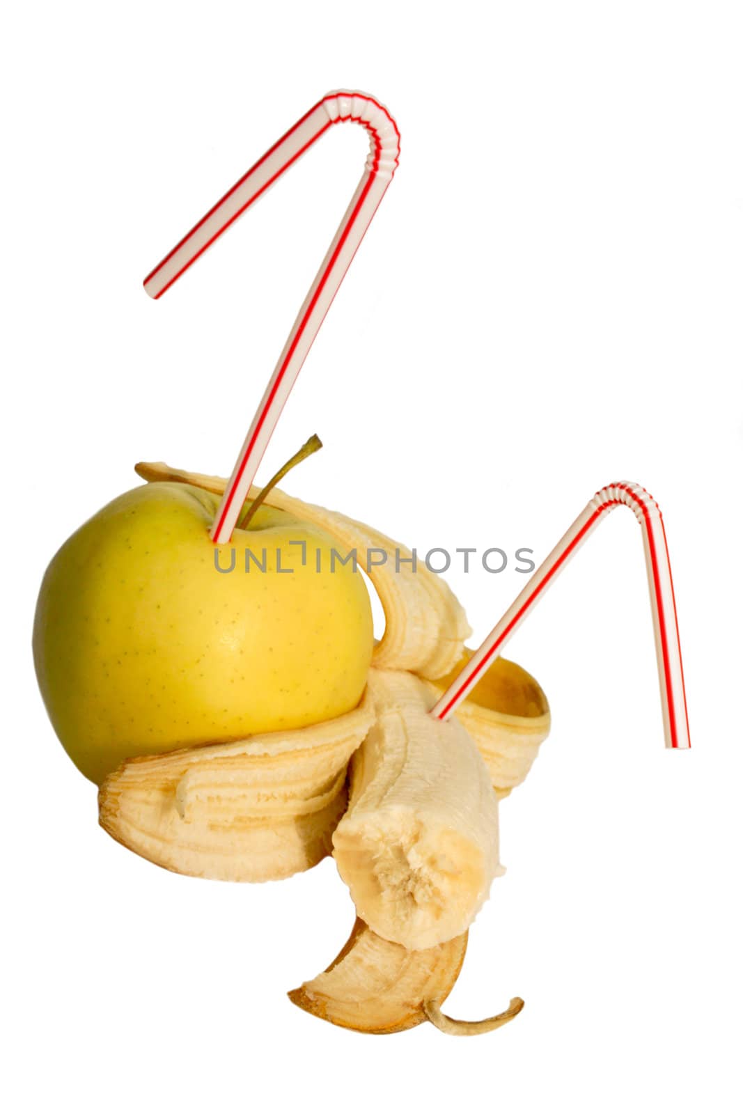 yellow, juice, fresh juice, apple juice, banana, striped tube, tube for the juice through a straw to drink juice, fruit juice, fresh nectar