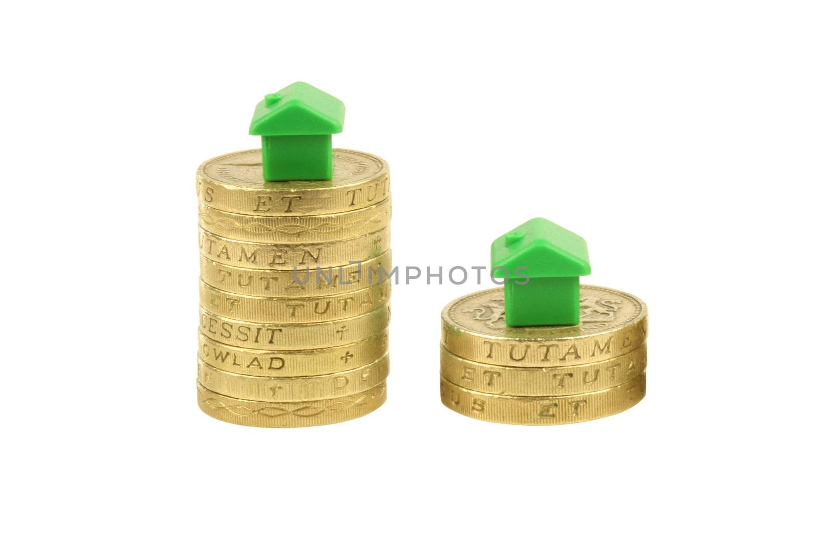 Concept, property stock market crash, pound coins isolated on white background
