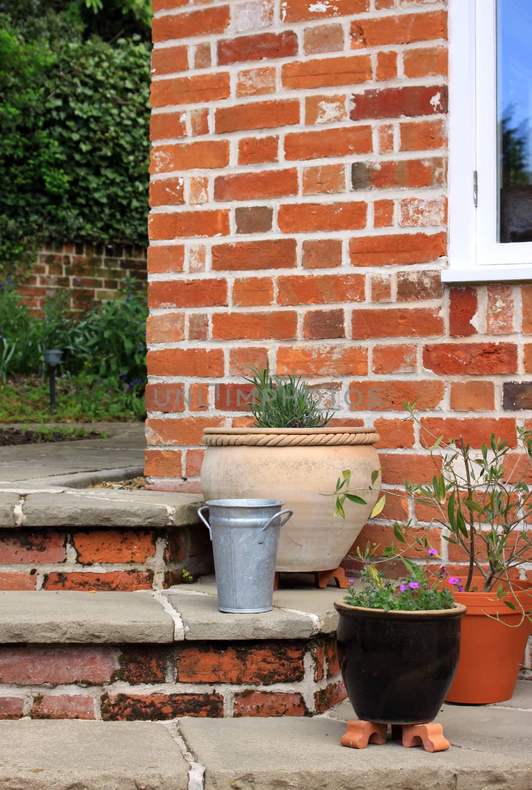 The corner of a set of stone and brick constructed steps leading to and from a garden patio area with various clay, terracotta, tin and plastic pots on the steps. Various seasonal plants grow in the pots.