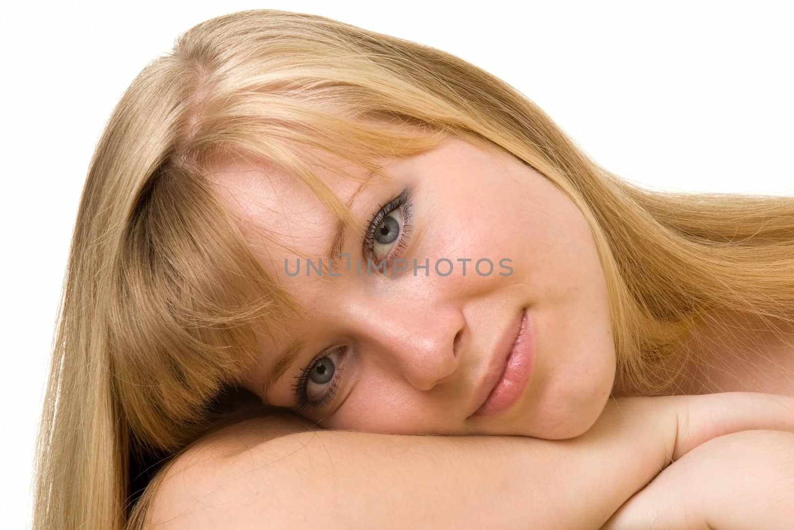 Portrait of the blond girl isolated on white background