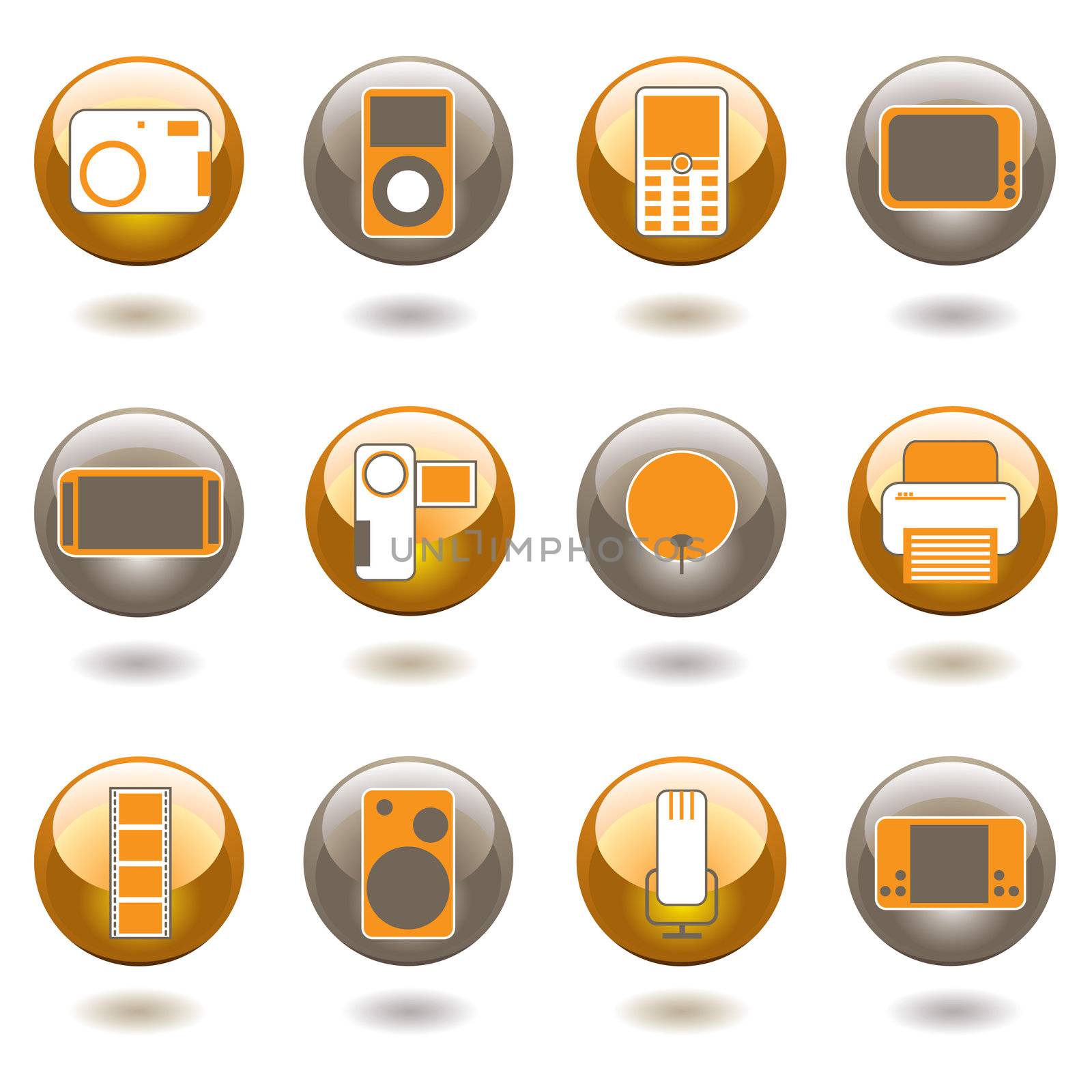 Collection of twelve technology inspired buttons with shadow