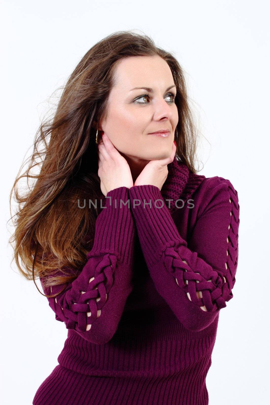 Fashion portrait of beautiful Woman with pullover on white background