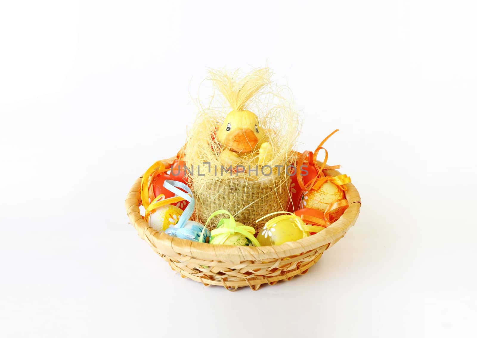 easter decoration with small duck and eggs on white background