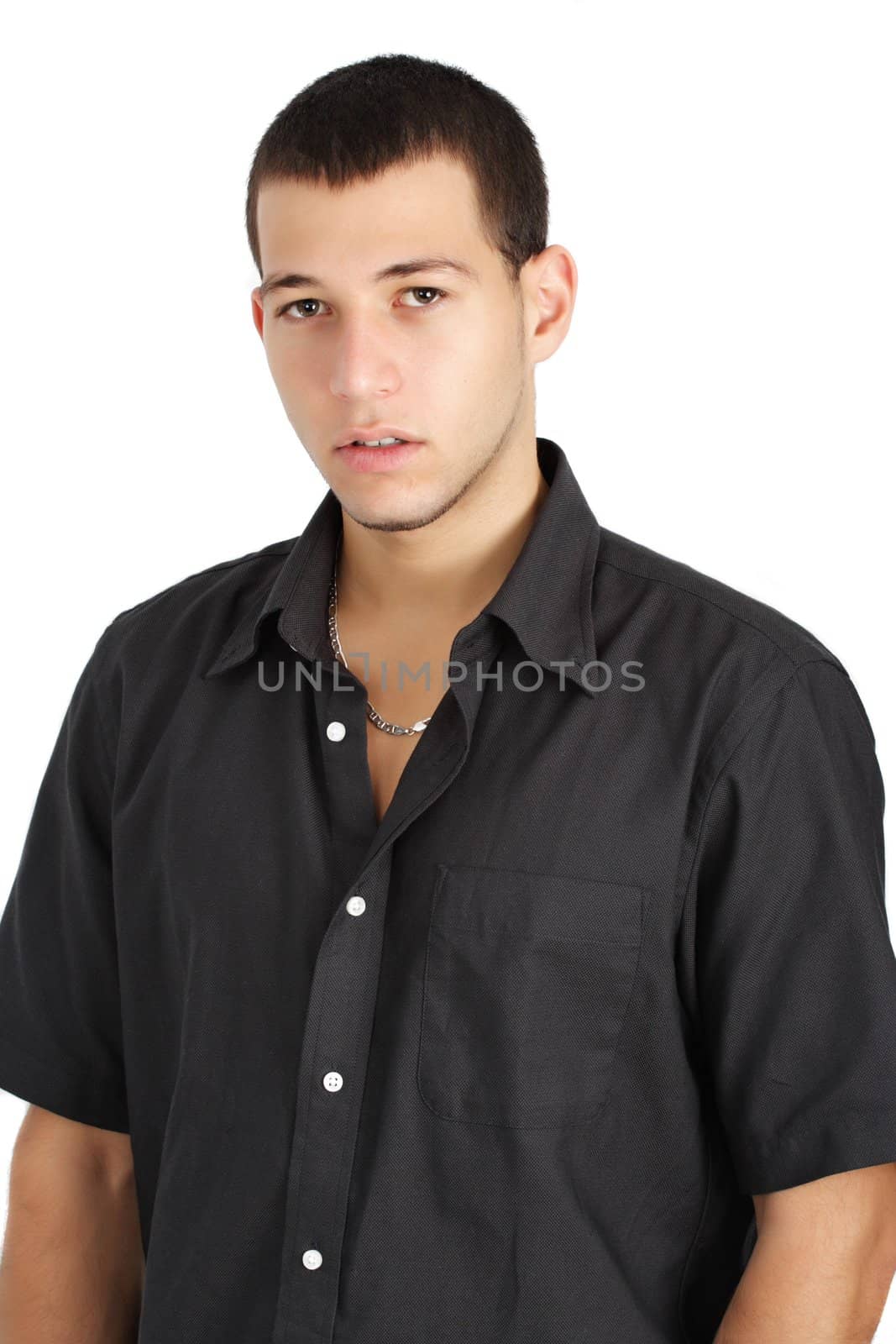 young caucasian man, white background