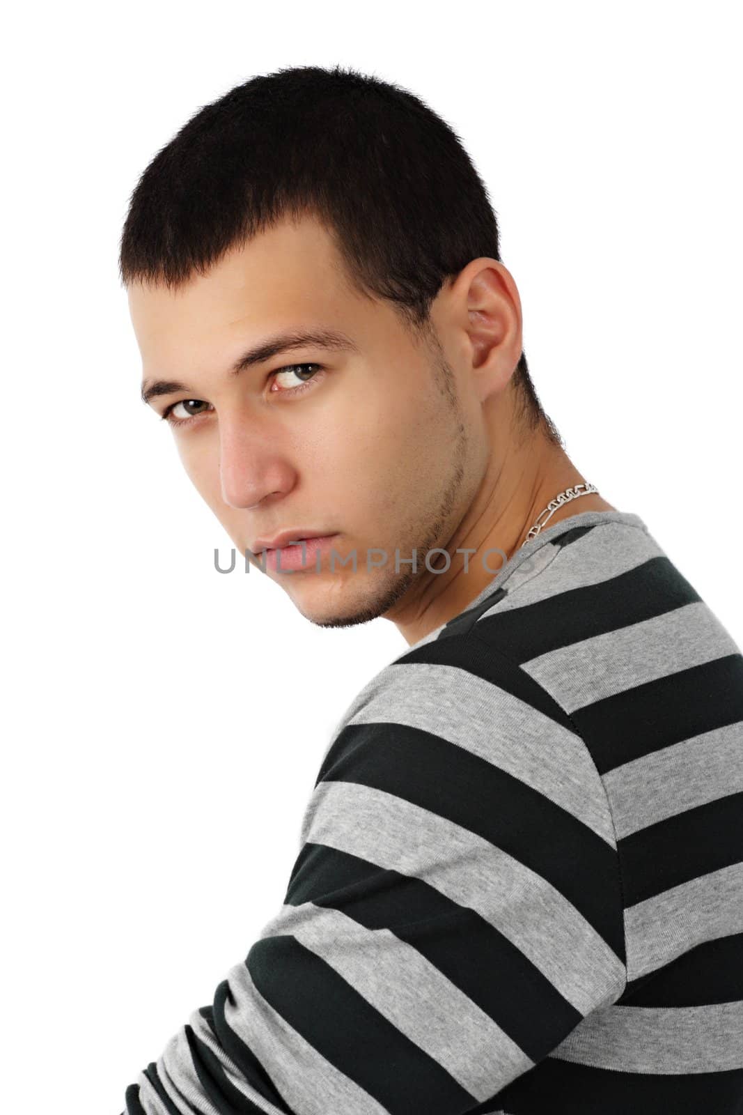 young caucasian man, white background