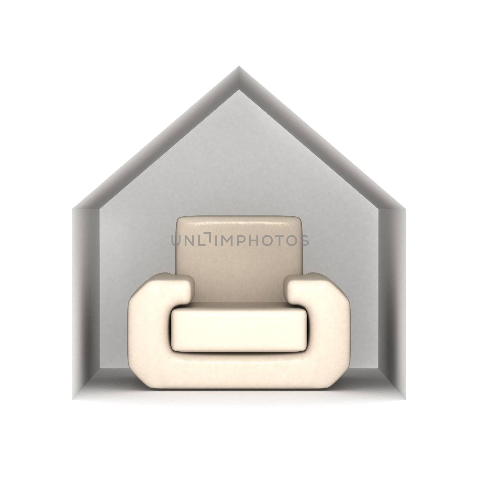 Armchair under a house roof. 3D image.