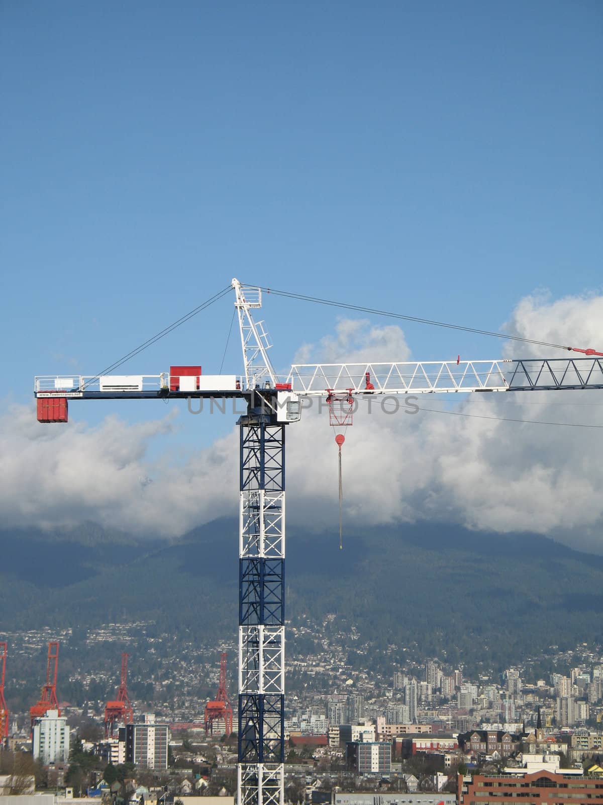 blue and white construction crane