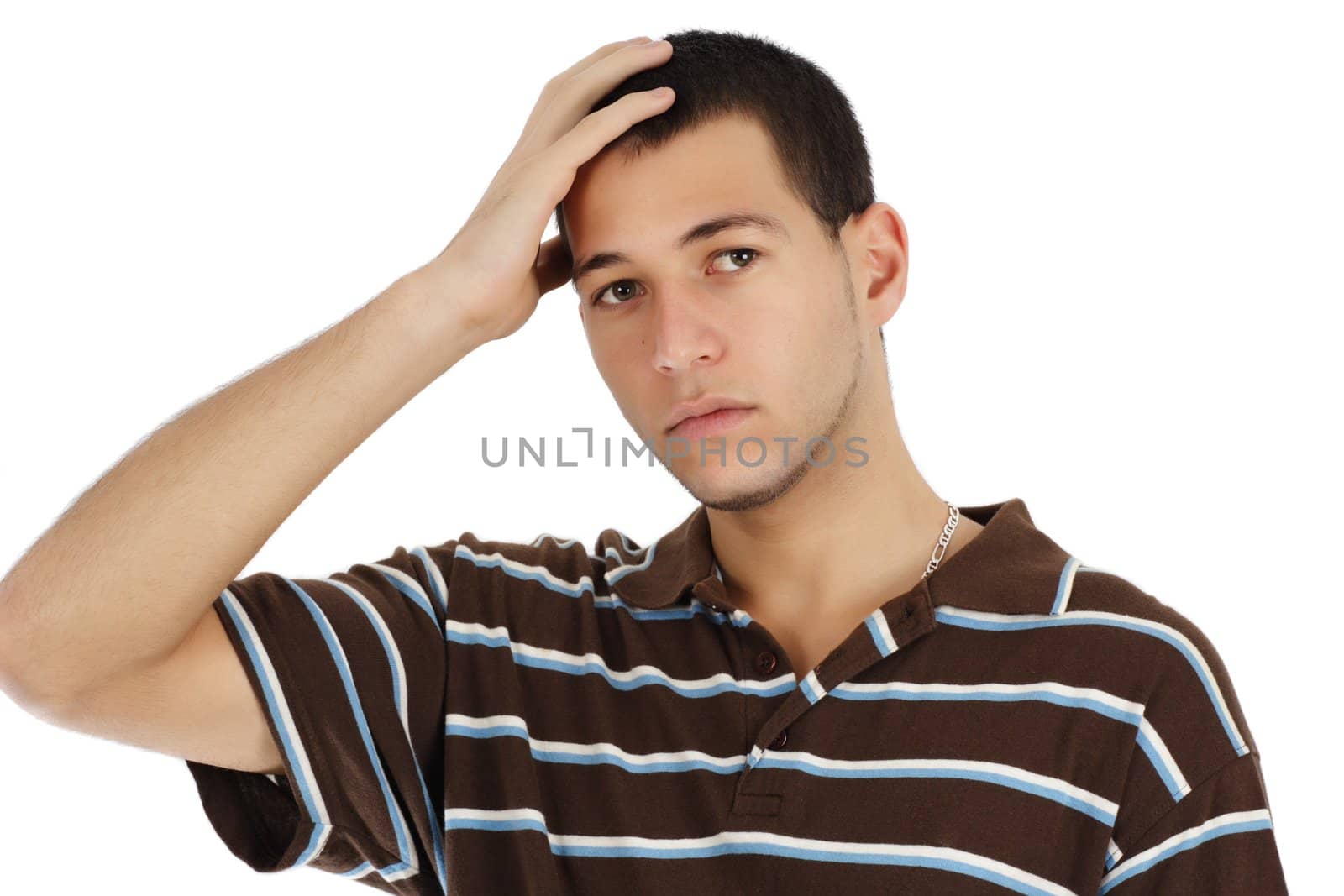 young caucasian man, white background