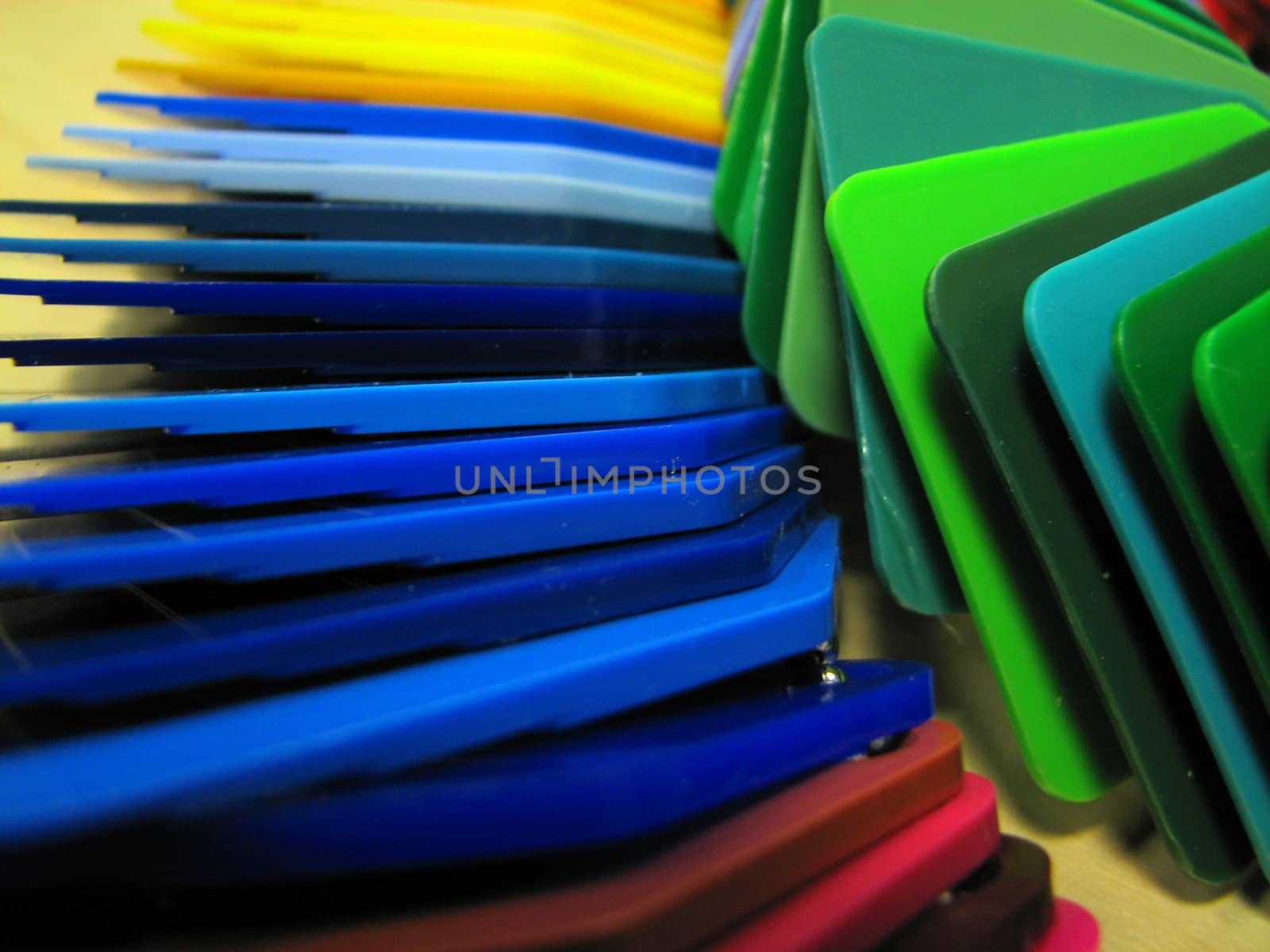 plastic color samples for color testing, blue, red, yellow