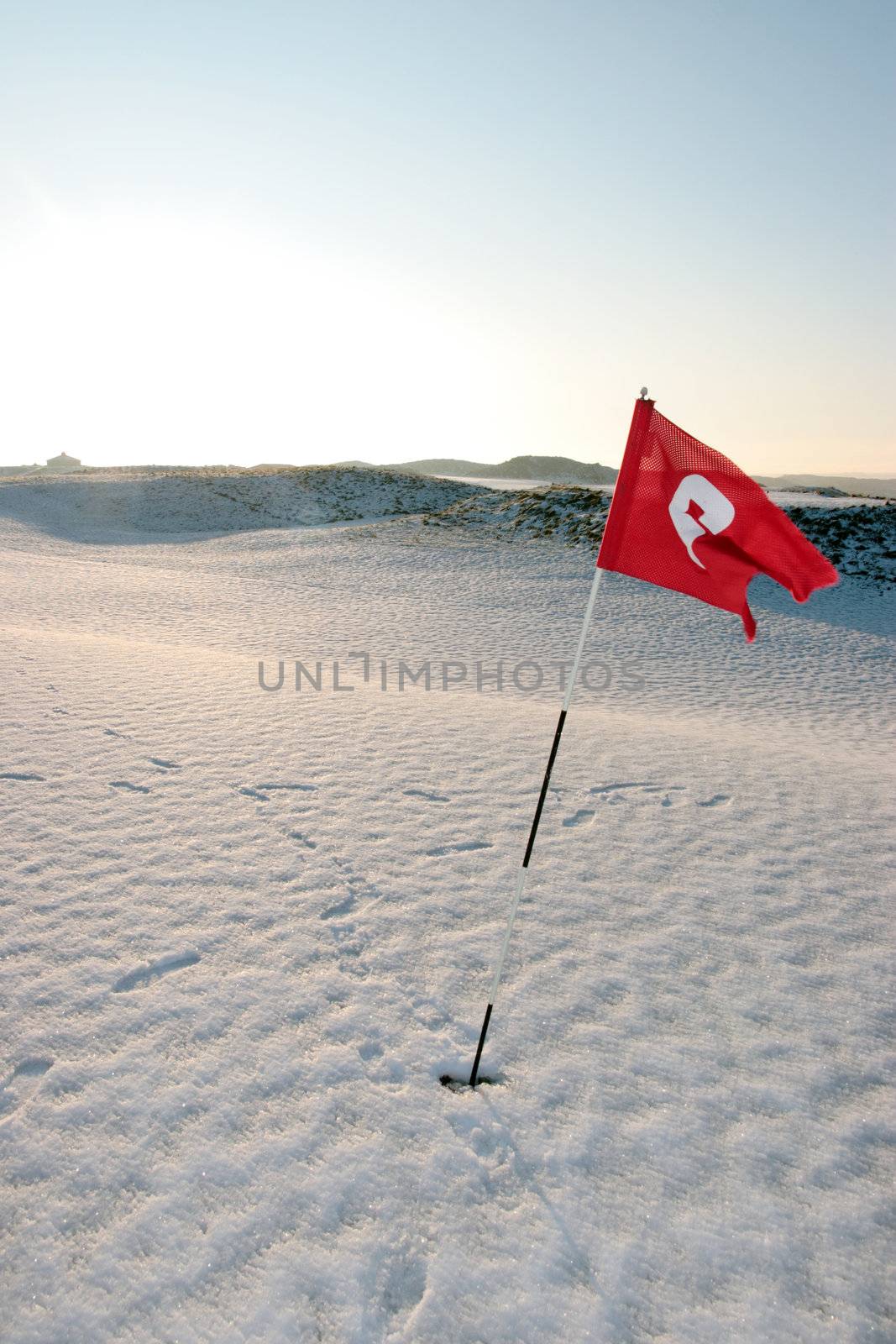 flag on a snow covered links golf course in ireland in winter