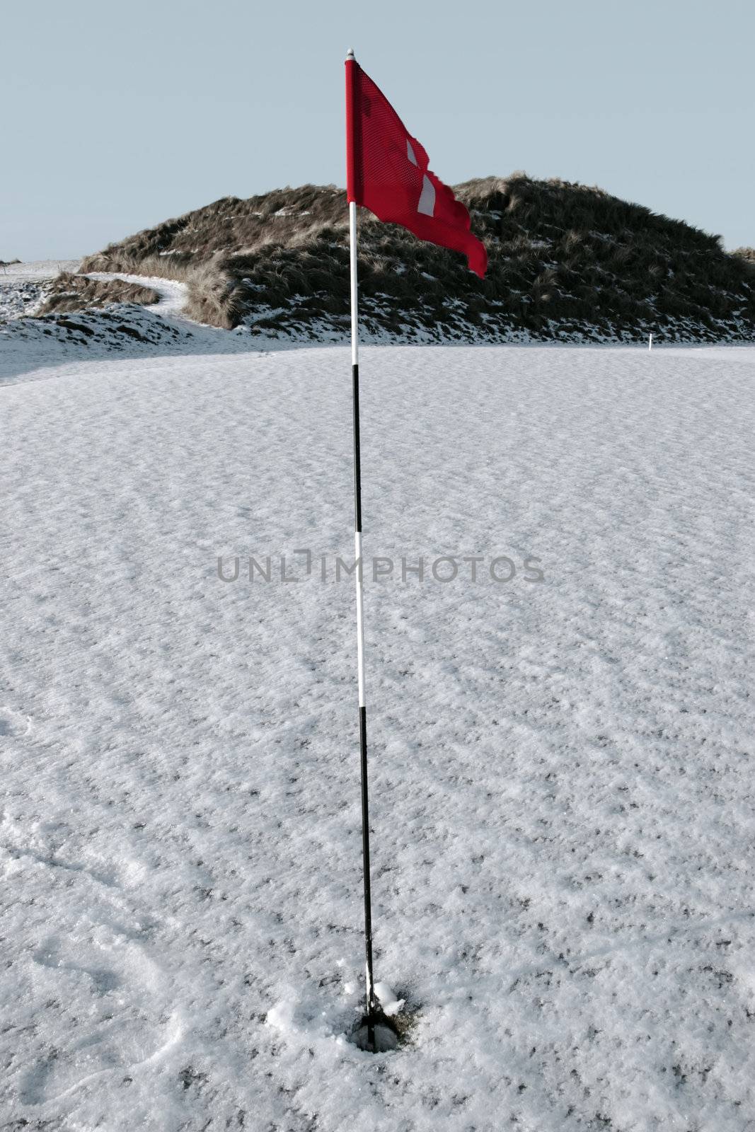 flag on a snow covered links golf course in ireland in winter