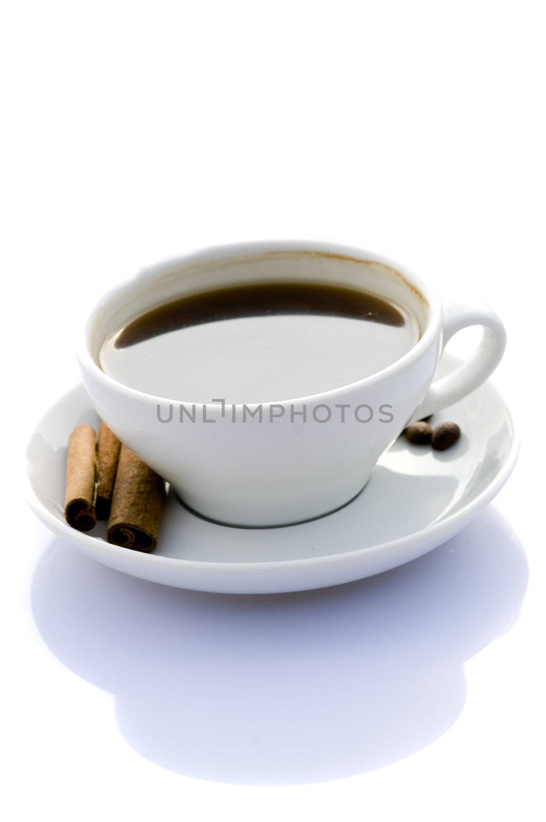 delicious freshly made coffee, reflected on a white background