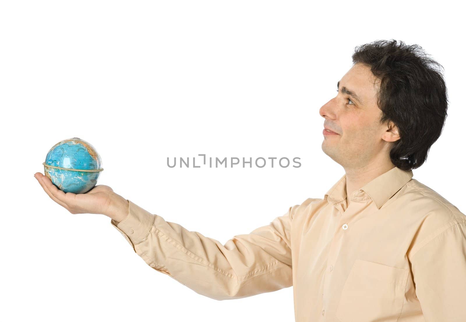 An isolated photo of a smiling man with a globe