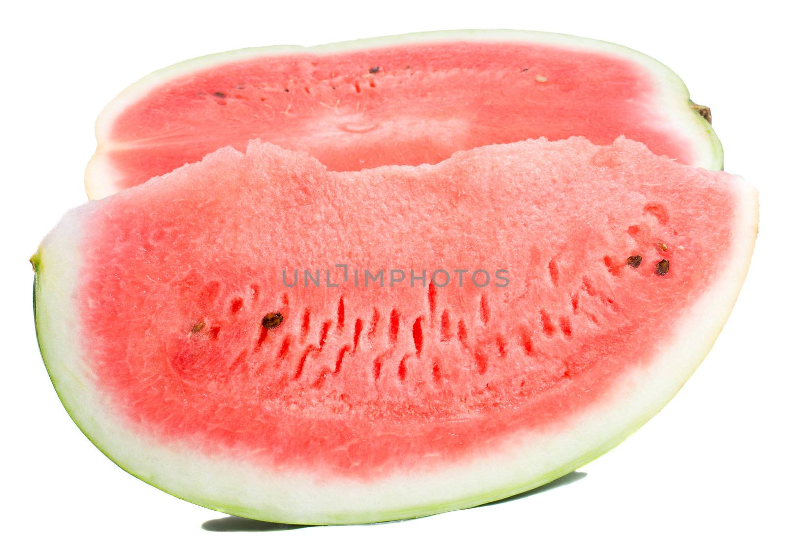 close-up slice and half of wattermelon, isolated on white