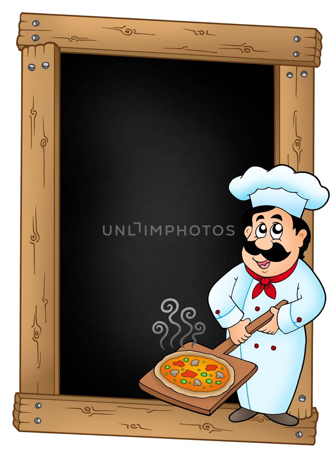 Blackboard with chef and pizza plate - color illustration.