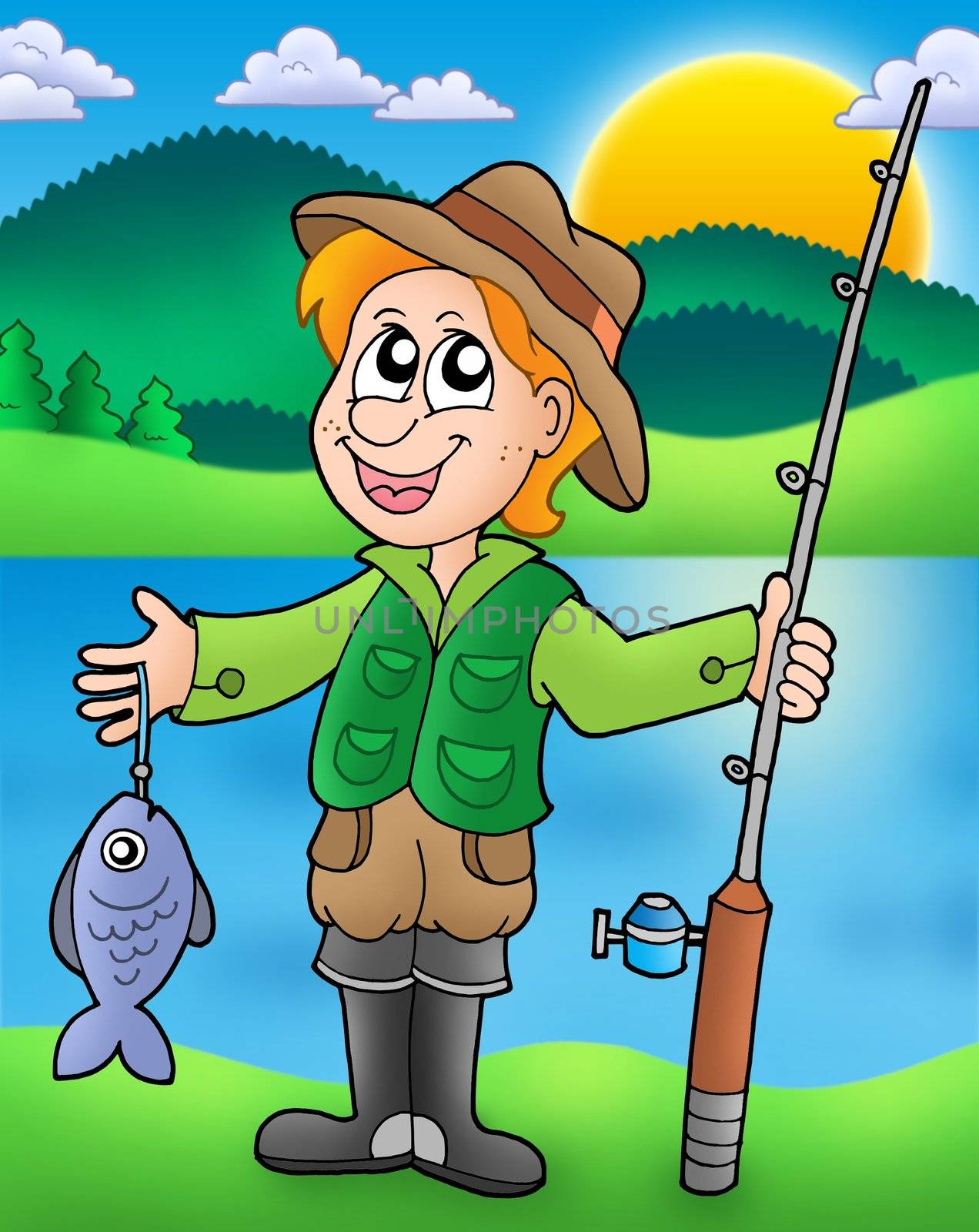 Cartoon fisherman with fish by clairev