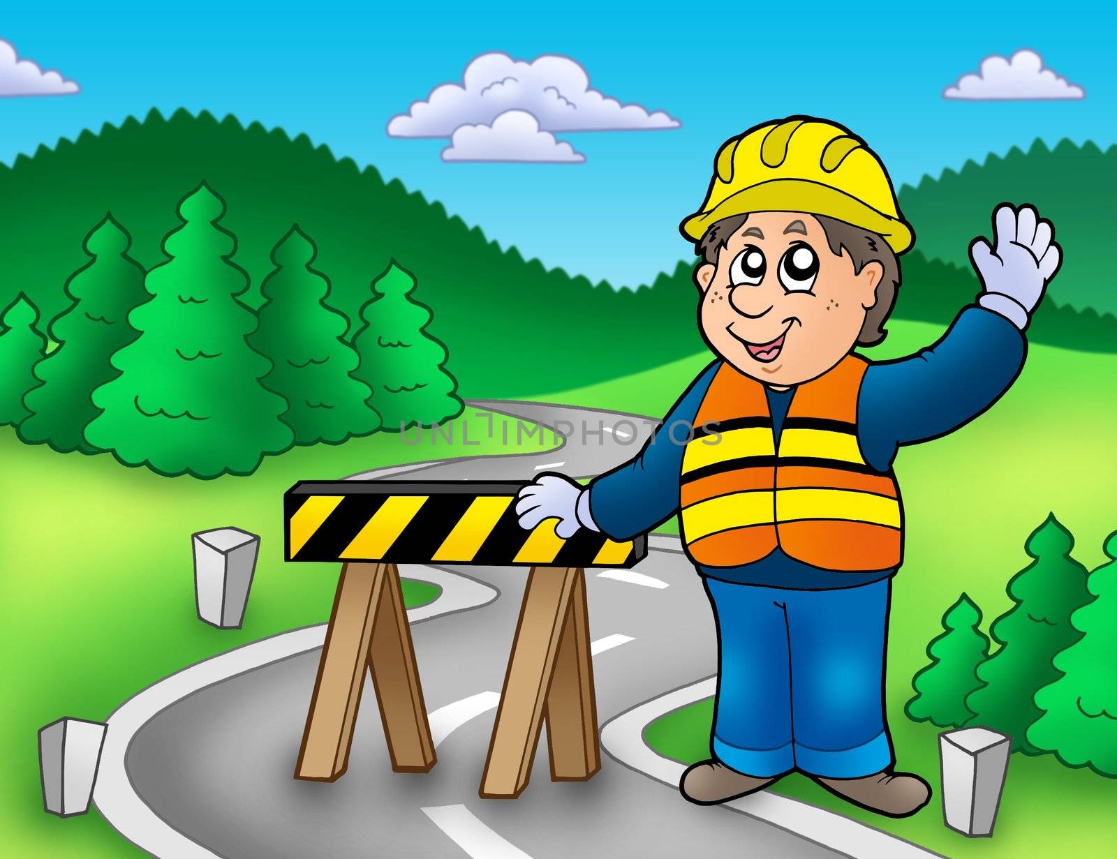 Construction worker standing on road - color illustration.