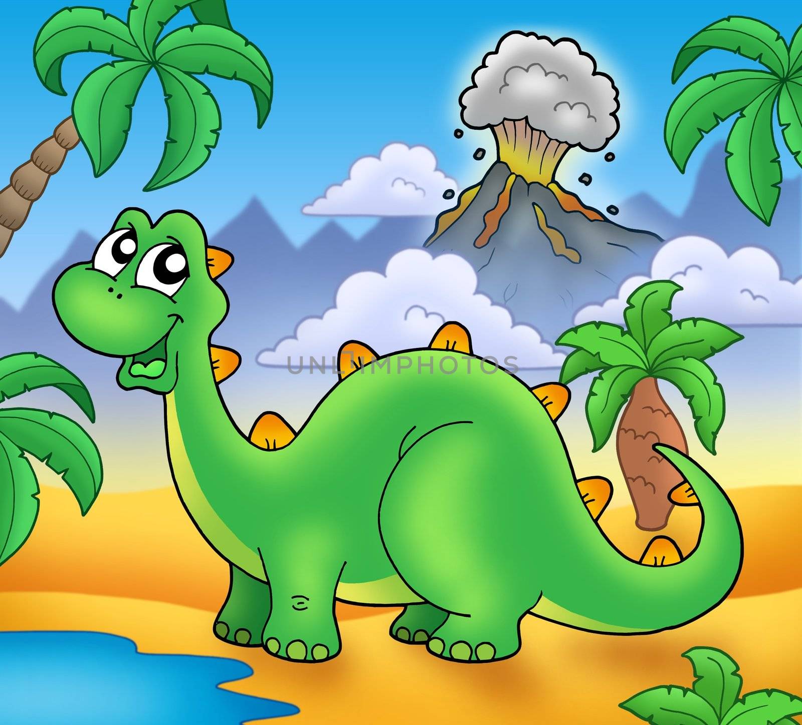 Cute green dinosaur with volcano by clairev