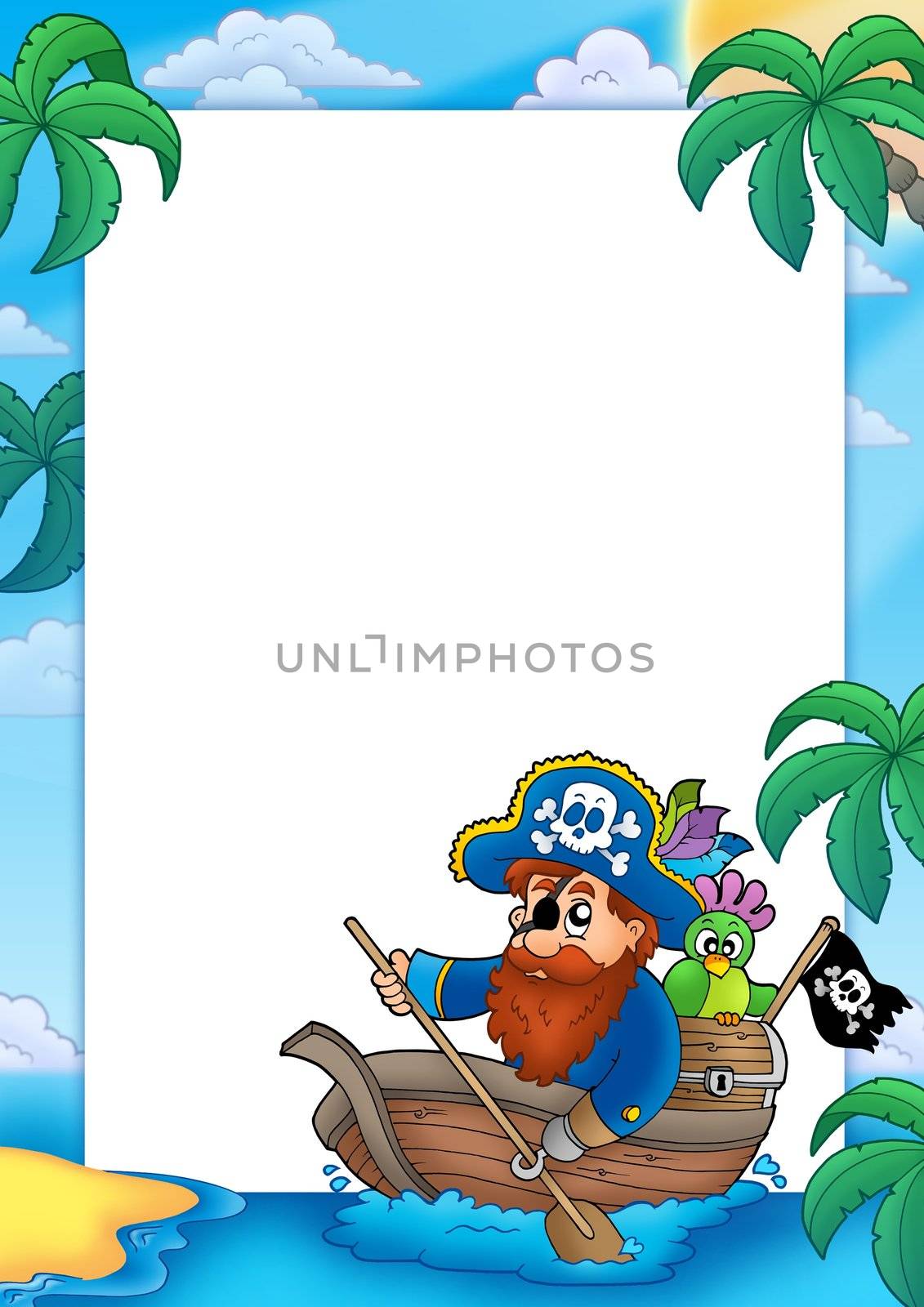 Frame with pirate paddling in boat - color illustration.