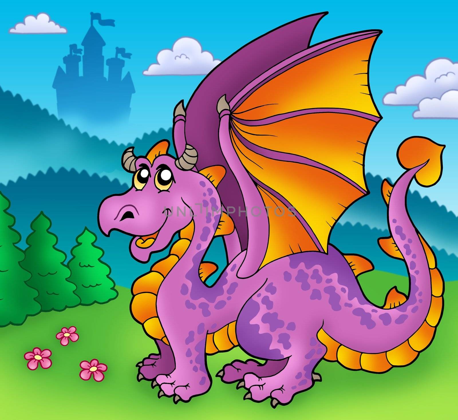 Giant purple dragon with old castle - color illustration.