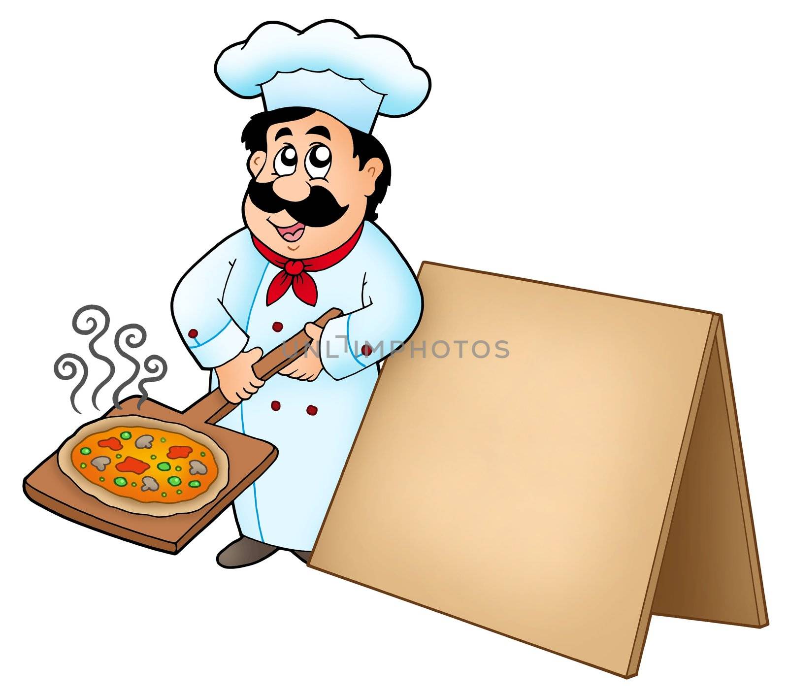 Chef with pizza plate and board by clairev