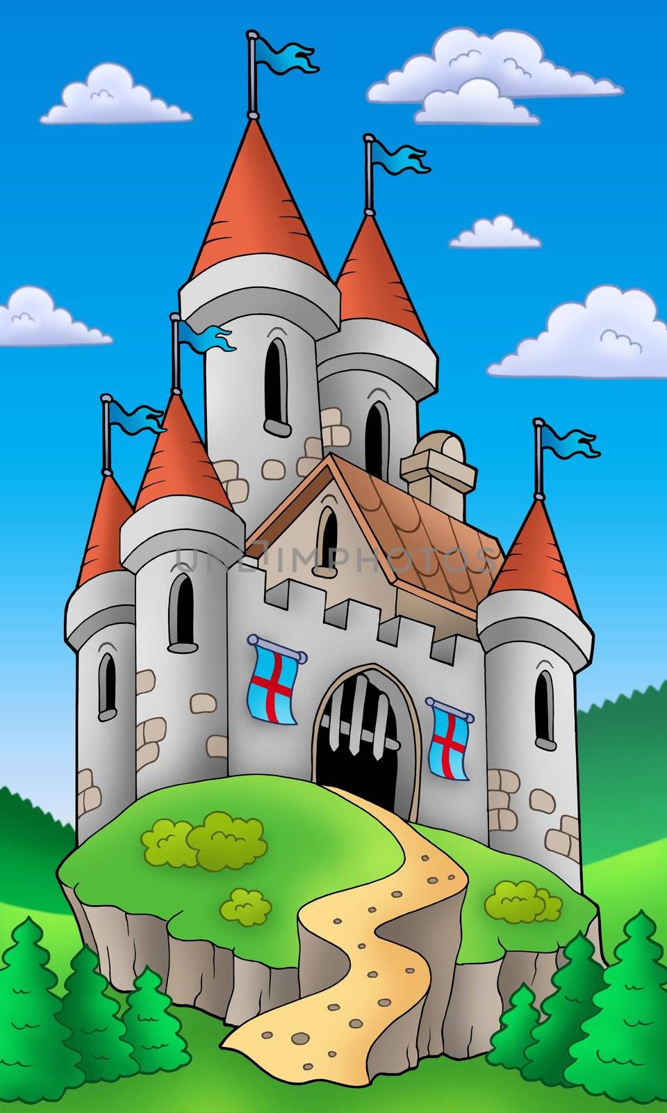 Medieval castle on hill - color illustration.