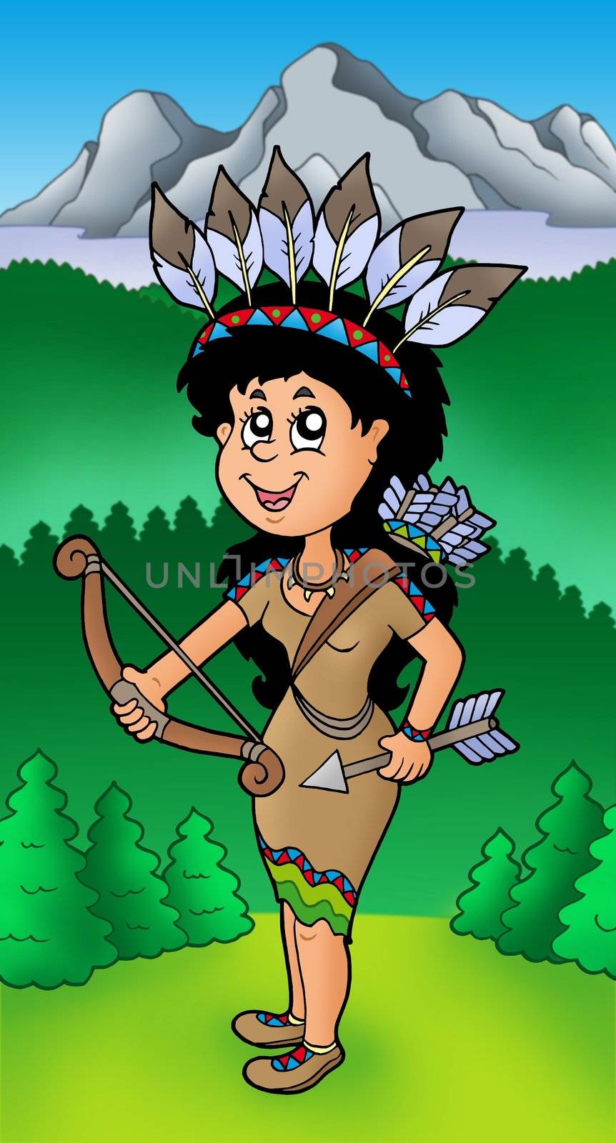 Native American Indian girl on meadow - color illustration.