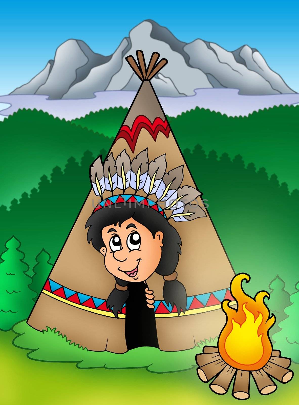 Native American Indian in tepee - color illustration.