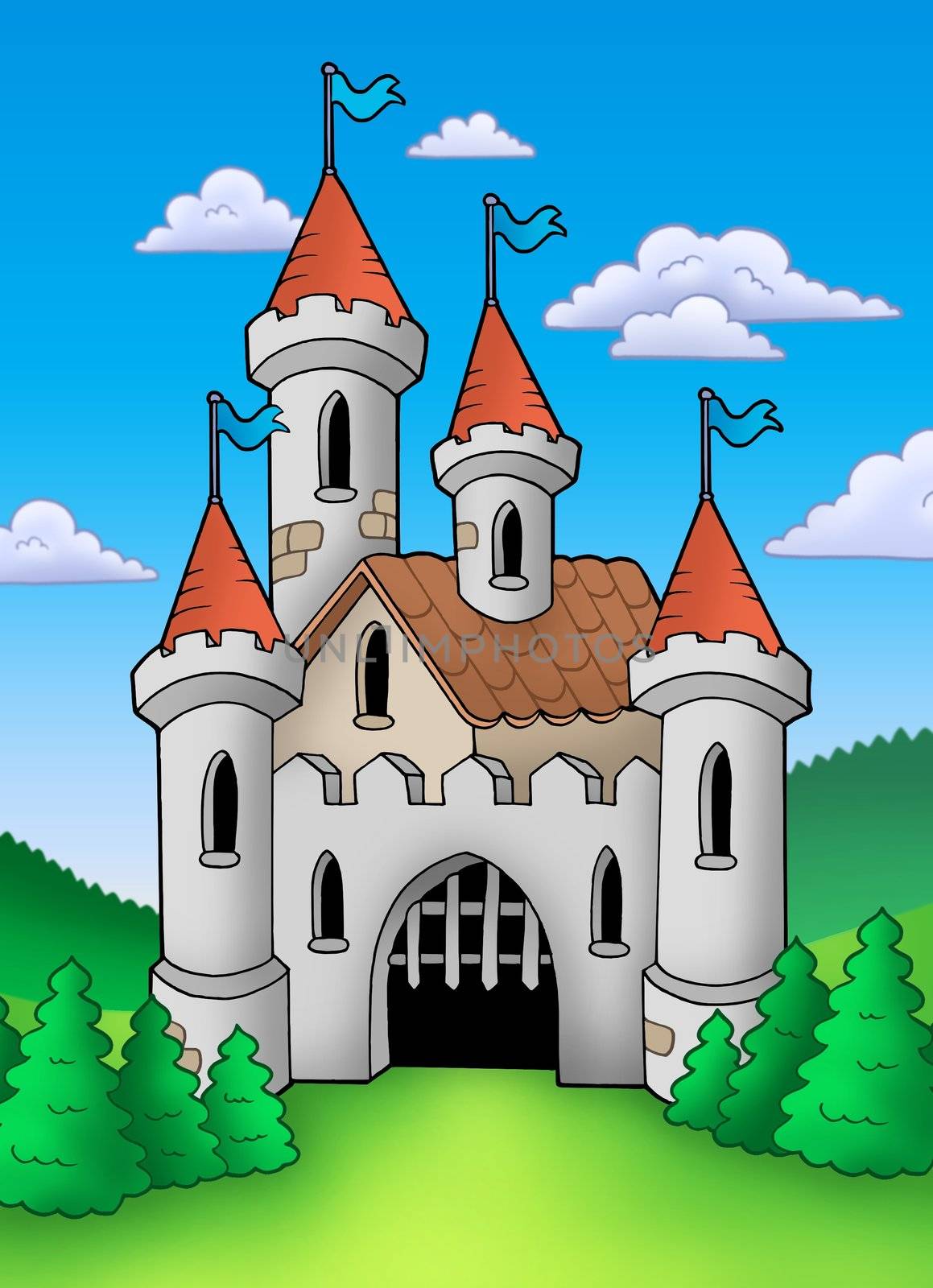 Old medieval castle in landscape - color illustration.