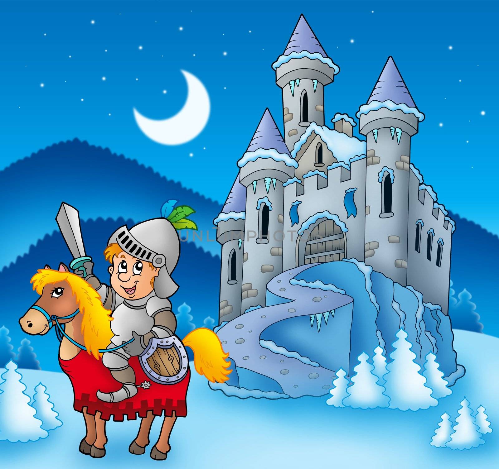 Knight on horse with winter castle - color illustration.