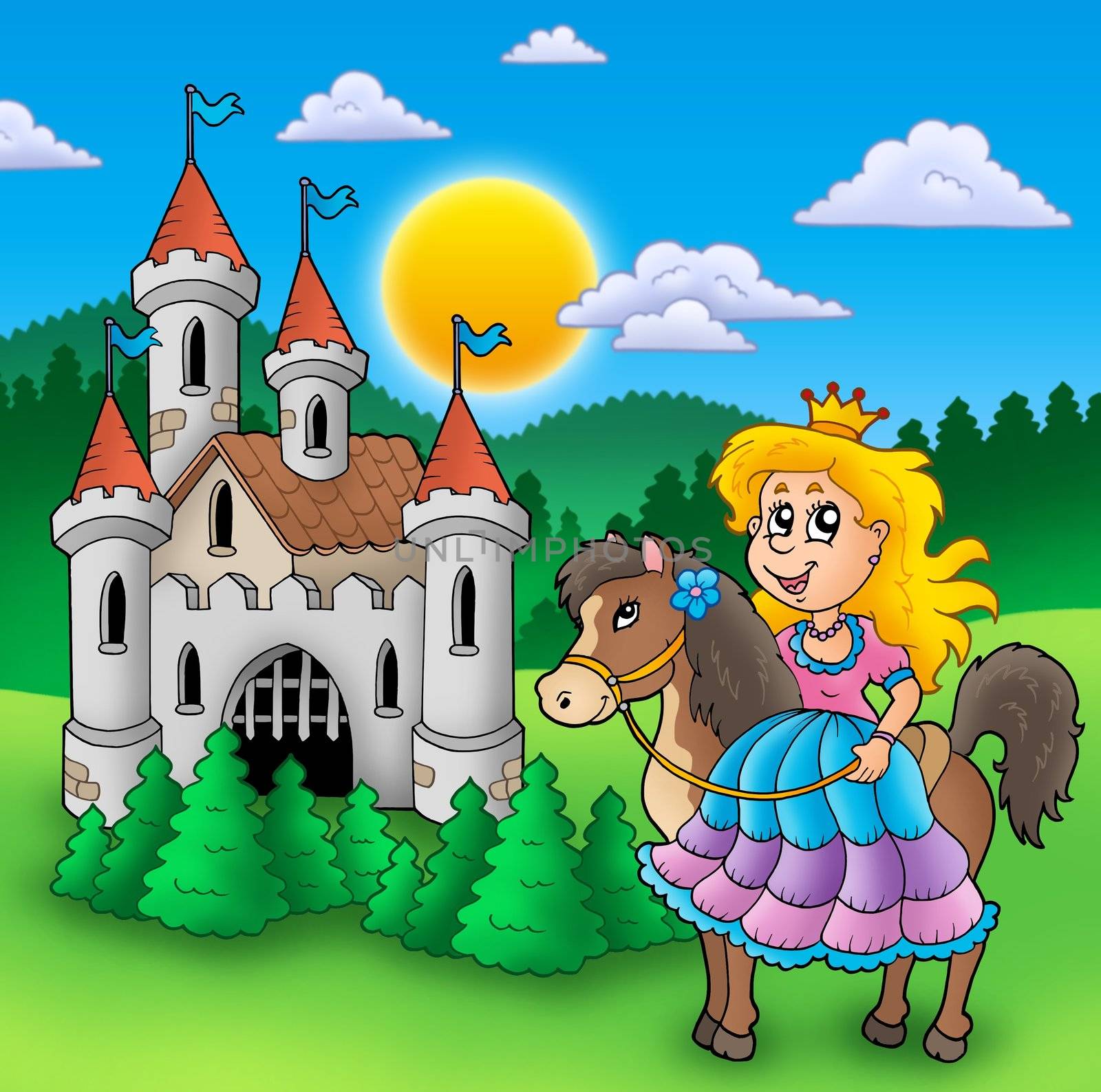 Princess on horse with old castle by clairev