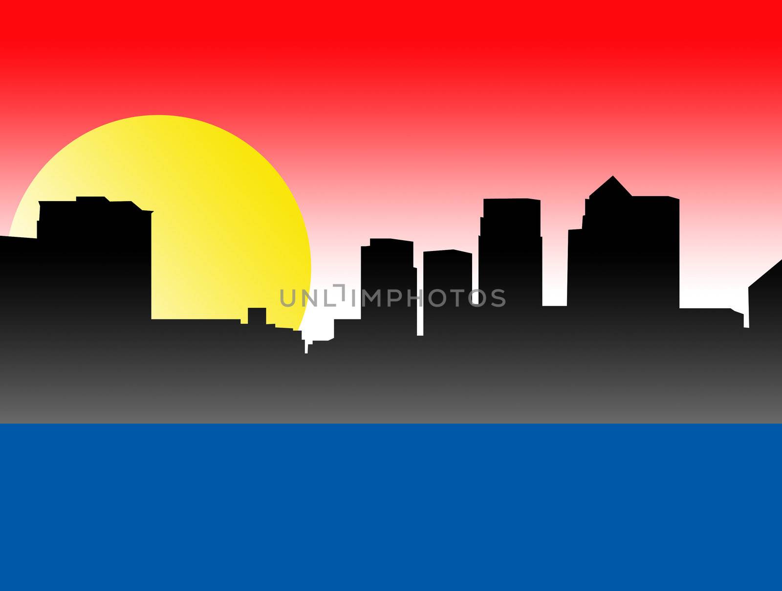 A silhouette of a London skyline with a sun background. 
