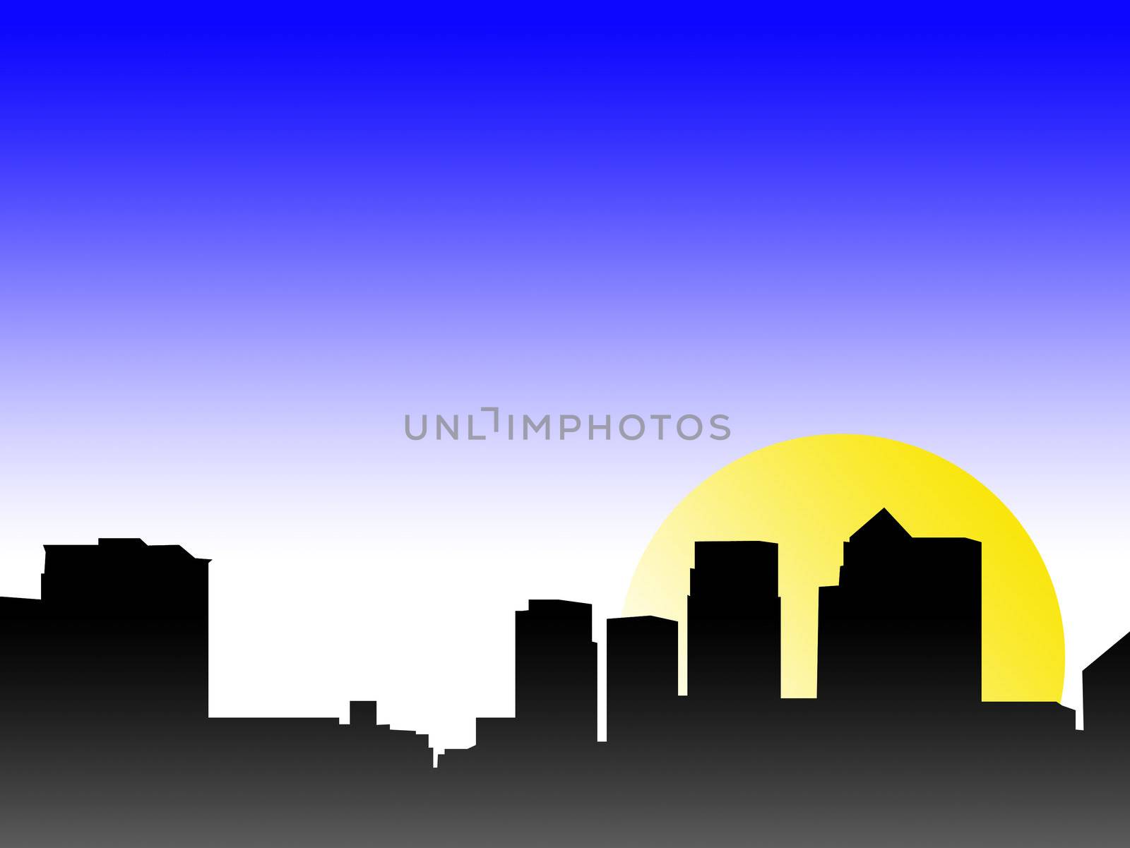 A silhouette of a London skyline with a sun background. 