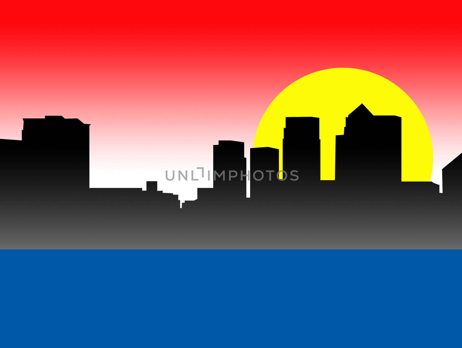 A silhouette of a London skyline with a sun background. 